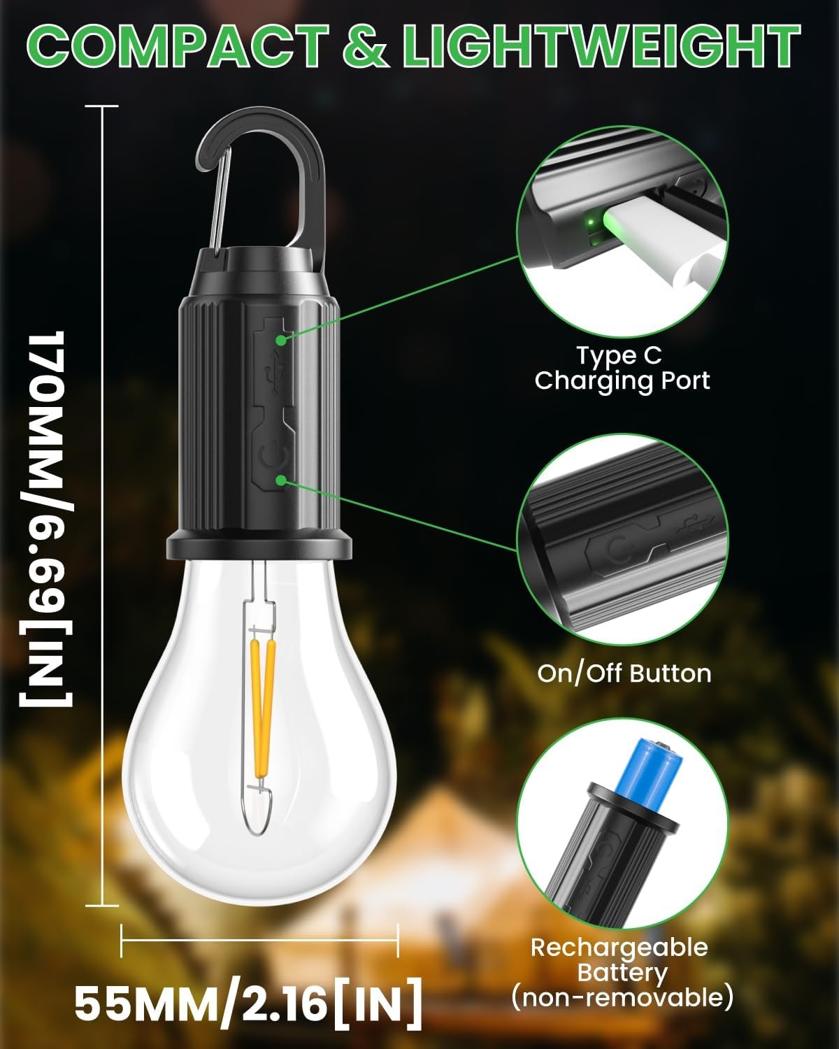 T01 Type-C Rechargeable LED Camping Bulb ? Portable Hanging Warm Light Tent Lamp
